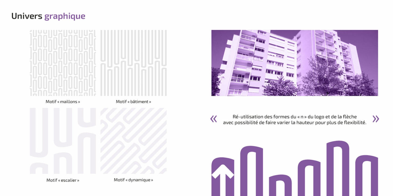 univers graphique de Novetio reprenant les motifs utilisés et la forme d'un batîment